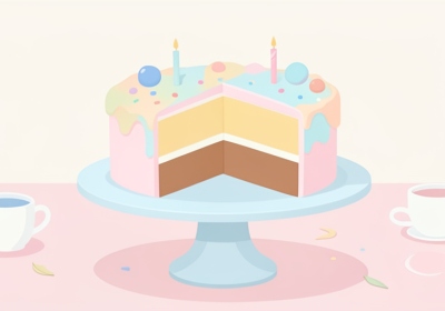 A decorative celebration cake sliced cleanly in half on a cake stand with pastel frosting