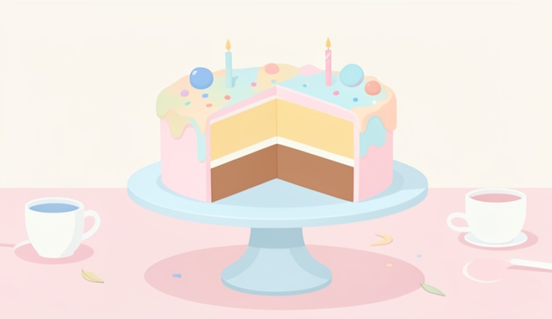 A decorative celebration cake sliced cleanly in half on a cake stand with pastel frosting