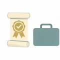 A minimalist illustration of a diploma scroll with an award seal and checkmark beside a briefcase icon