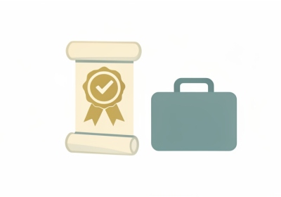 A minimalist illustration of a diploma scroll with an award seal and checkmark beside a briefcase icon