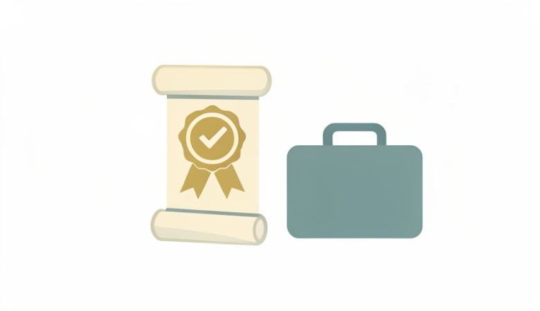A minimalist illustration of a diploma scroll with an award seal and checkmark beside a briefcase icon
