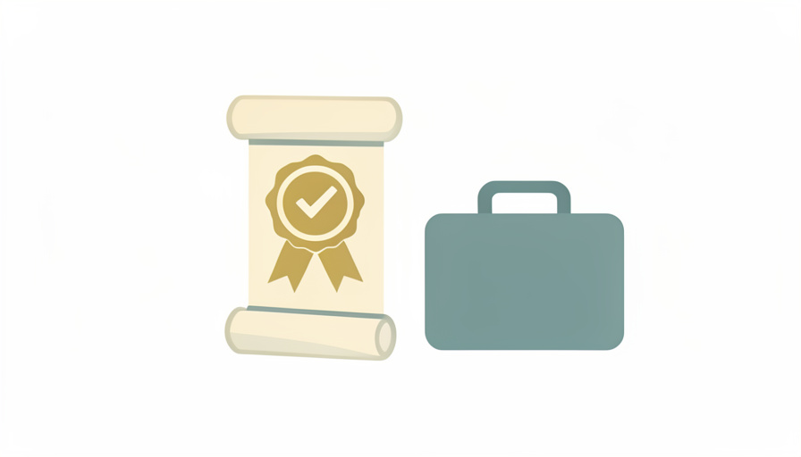 A minimalist illustration of a diploma scroll with an award seal and checkmark beside a briefcase icon