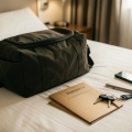 A parent's travel bag on a hotel bed with a folder of documents, car keys, and a phone before a tournament pickup