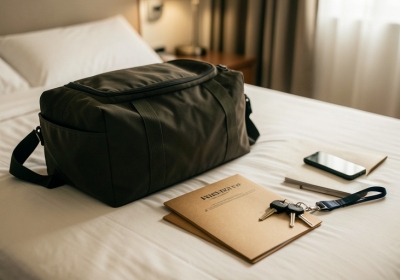 A parent's travel bag on a hotel bed with a folder of documents, car keys, and a phone before a tournament pickup