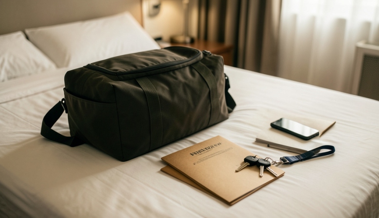 A parent's travel bag on a hotel bed with a folder of documents, car keys, and a phone before a tournament pickup