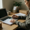An online seller organizing shipping invoices and documents at a desk beside a laptop and a stack of parcels