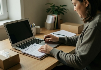 An online seller organizing shipping invoices and documents at a desk beside a laptop and a stack of parcels