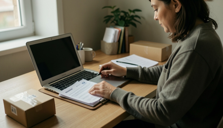 An online seller organizing shipping invoices and documents at a desk beside a laptop and a stack of parcels