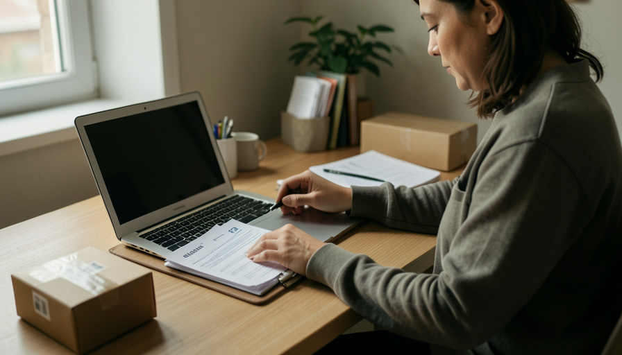 An online seller organizing shipping invoices and documents at a desk beside a laptop and a stack of parcels