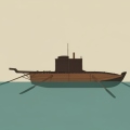 A minimalist illustration of a wooden leather-covered 17th-century rowed submarine boat at the surface of a calm river with oars extended