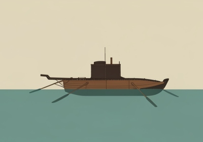 A minimalist illustration of a wooden leather-covered 17th-century rowed submarine boat at the surface of a calm river with oars extended
