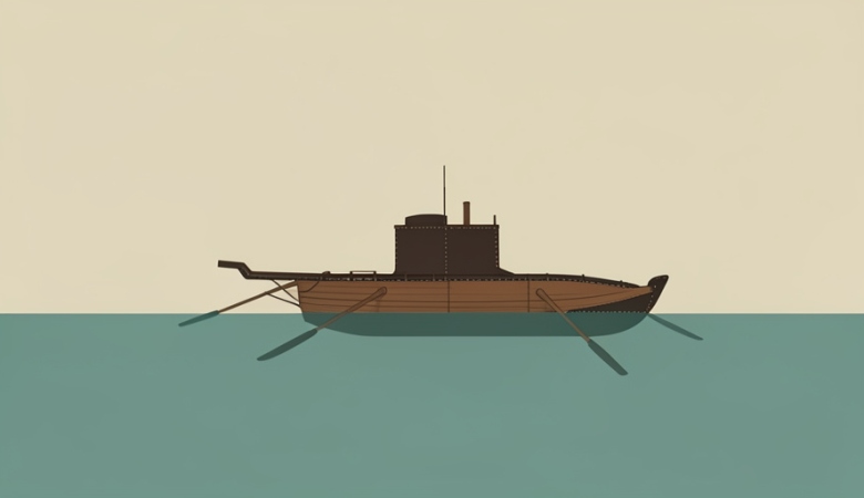 A minimalist illustration of a wooden leather-covered 17th-century rowed submarine boat at the surface of a calm river with oars extended