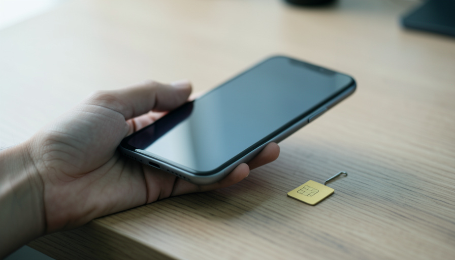 A hand holding a smartphone showing a SIM settings screen next to a small physical SIM card on a desk