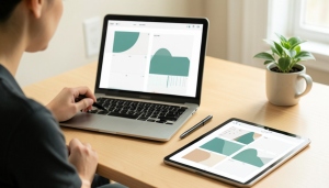 A creator preparing digital planner templates for sale on a laptop