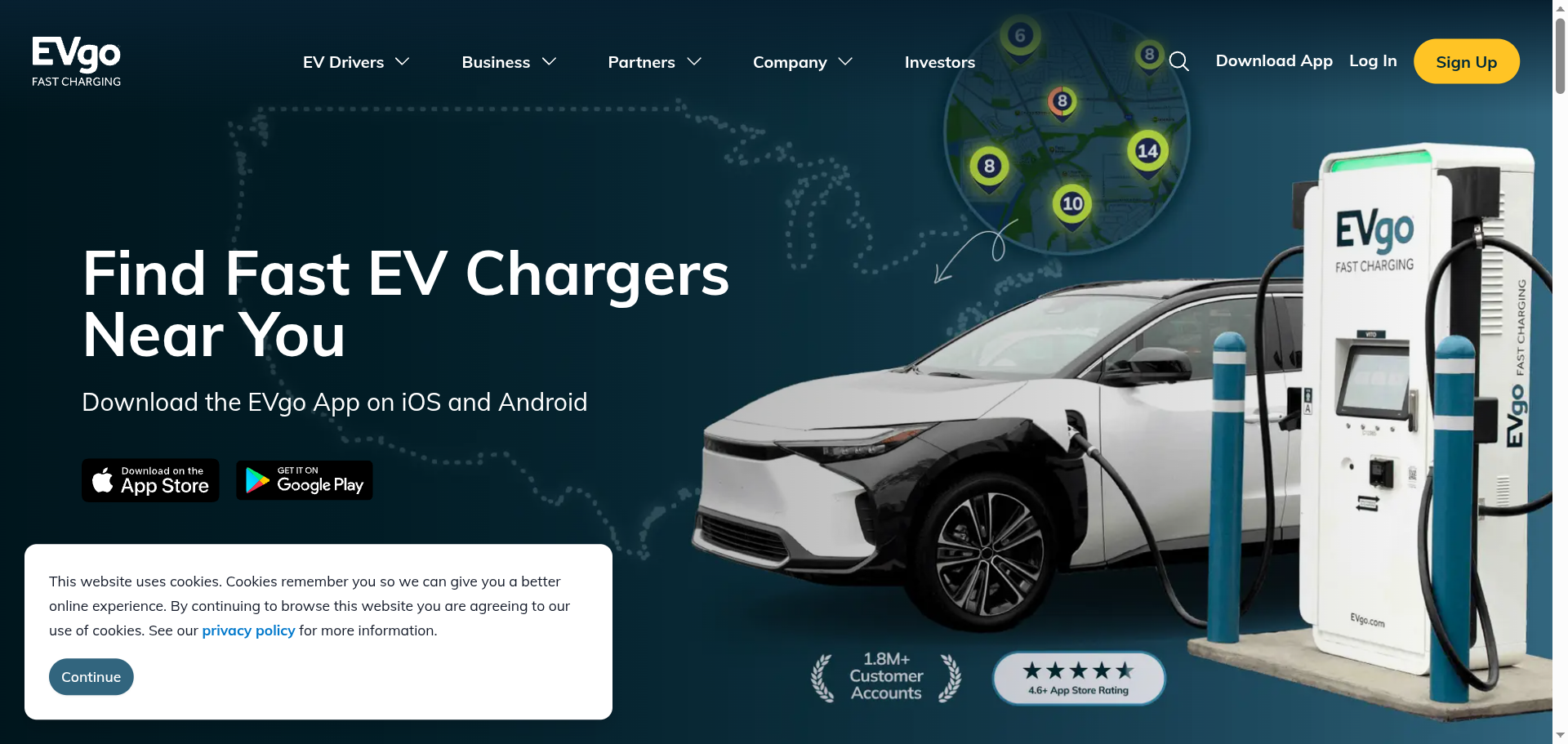 EVgo homepage with the headline Find Fast EV Chargers Near You