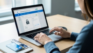 A person reviewing credit protection settings on a laptop and phone with a lock icon implied on screen