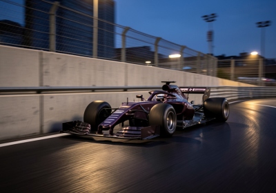 Formula 1-style race car speeding between concrete barriers on a floodlit street circuit at dusk