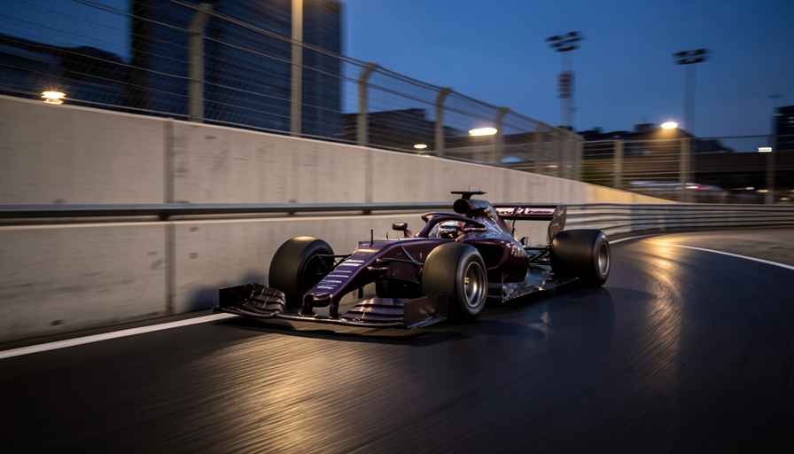 Formula 1-style race car speeding between concrete barriers on a floodlit street circuit at dusk