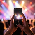 A person holding a smartphone with a concert crowd and stage lights in the background at a live show
