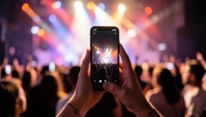 A person holding a smartphone with a concert crowd and stage lights in the background at a live show