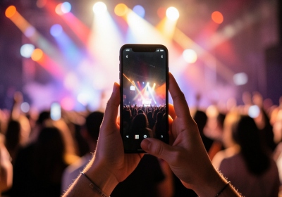 A person holding a smartphone with a concert crowd and stage lights in the background at a live show