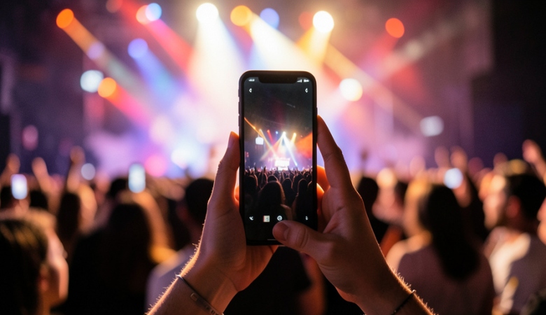 A person holding a smartphone with a concert crowd and stage lights in the background at a live show