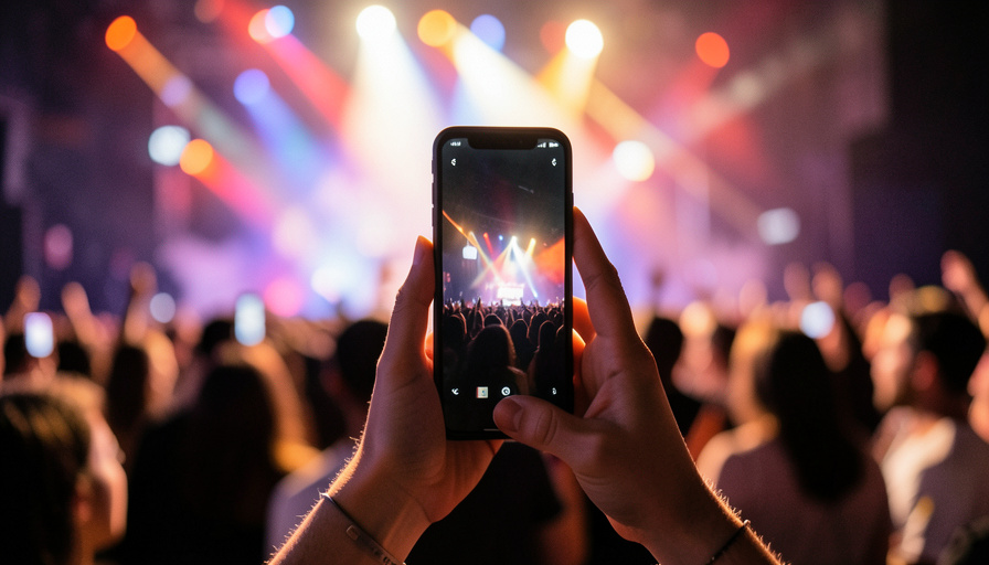 A person holding a smartphone with a concert crowd and stage lights in the background at a live show