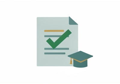 A minimalist illustration of a form with a green checkmark and a graduation cap beside it