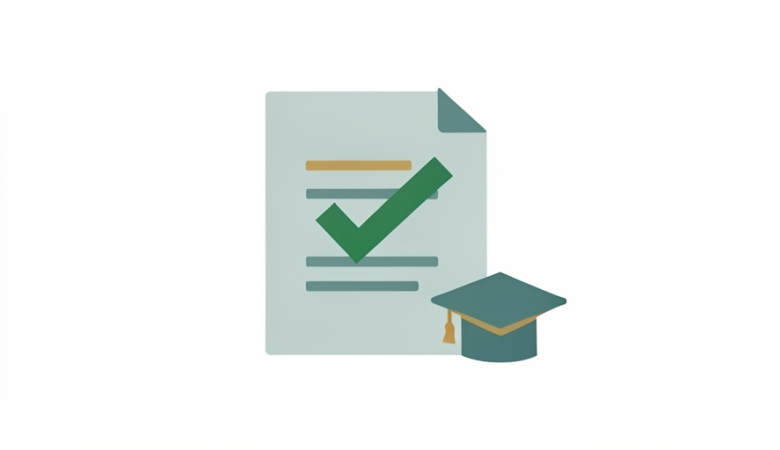 A minimalist illustration of a form with a green checkmark and a graduation cap beside it