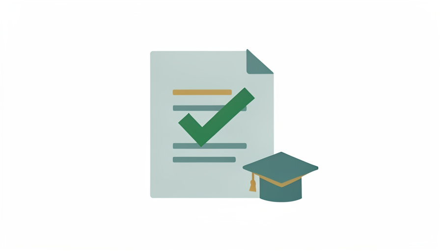 A minimalist illustration of a form with a green checkmark and a graduation cap beside it