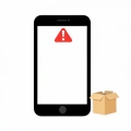 A smartphone showing a blank message bubble with a red warning triangle and a small parcel icon beside it
