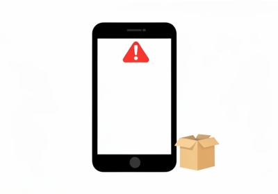 A smartphone showing a blank message bubble with a red warning triangle and a small parcel icon beside it