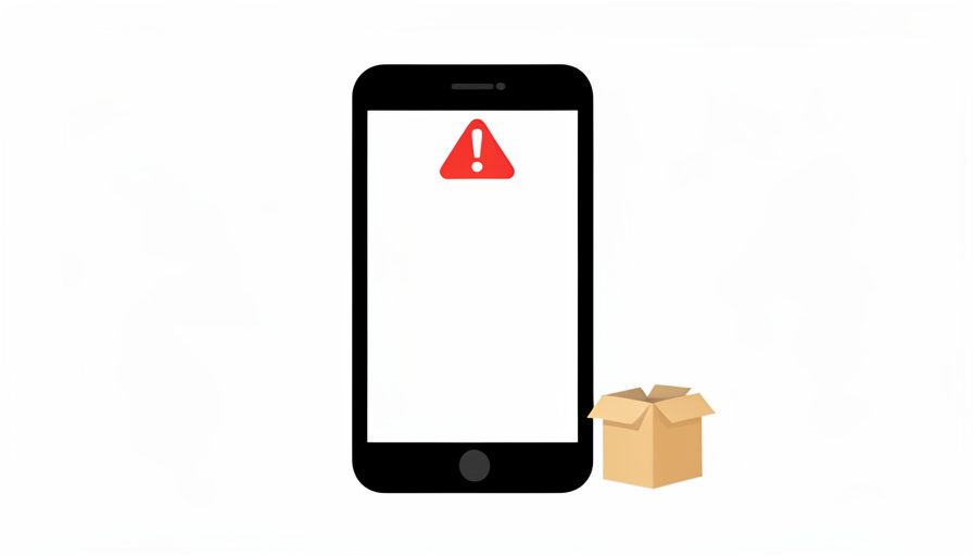 A smartphone showing a blank message bubble with a red warning triangle and a small parcel icon beside it