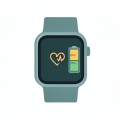 A minimalist illustration of a smartwatch showing a heart-pulse icon and a full battery icon