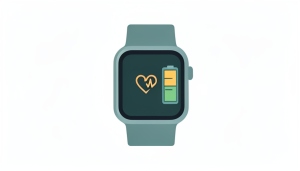 A minimalist illustration of a smartwatch showing a heart-pulse icon and a full battery icon