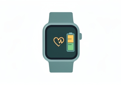 A minimalist illustration of a smartwatch showing a heart-pulse icon and a full battery icon