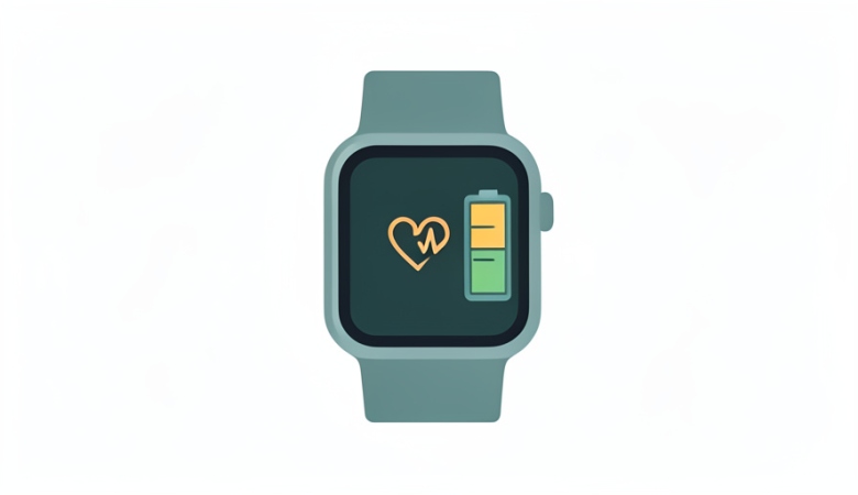 A minimalist illustration of a smartwatch showing a heart-pulse icon and a full battery icon