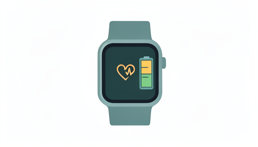 A minimalist illustration of a smartwatch showing a heart-pulse icon and a full battery icon