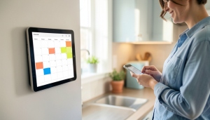 A family shared calendar shown on a kitchen wall tablet and a phone, with a parent reviewing the schedule