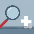 Magnifying glass beside a medical cross and a small stack of coins