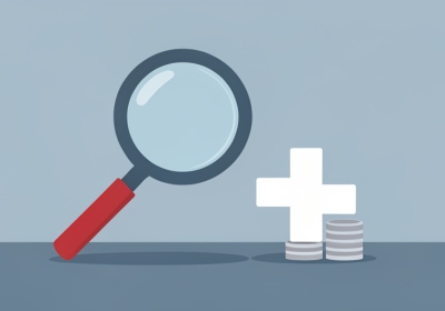 Magnifying glass beside a medical cross and a small stack of coins