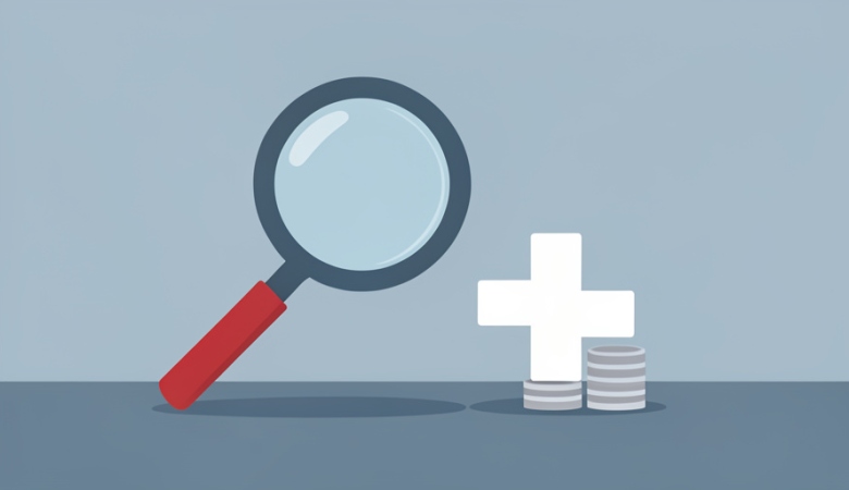 Magnifying glass beside a medical cross and a small stack of coins