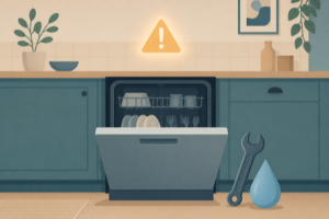 Flat illustration of a kitchen dishwasher with a warning triangle, a wrench, and a water droplet beside it