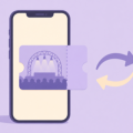 Flat illustration of a smartphone showing a concert ticket with transfer arrows beside it