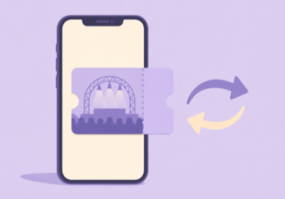 Flat illustration of a smartphone showing a concert ticket with transfer arrows beside it