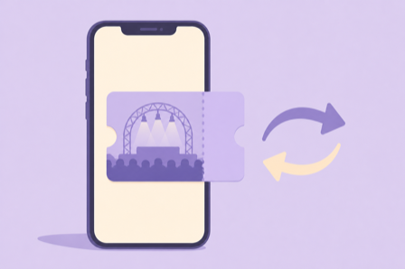 Flat illustration of a smartphone showing a concert ticket with transfer arrows beside it