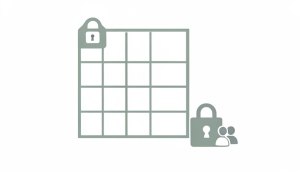 A minimalist illustration of a spreadsheet grid with a padlock badge and a lock-and-people sharing icon