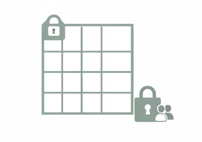 A minimalist illustration of a spreadsheet grid with a padlock badge and a lock-and-people sharing icon