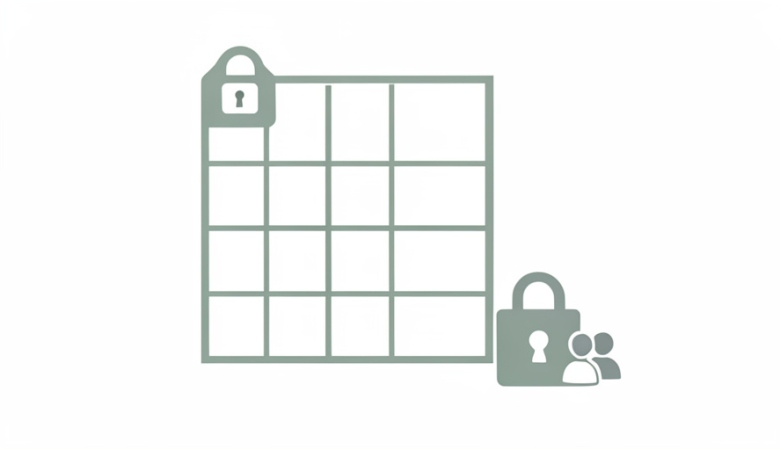 A minimalist illustration of a spreadsheet grid with a padlock badge and a lock-and-people sharing icon