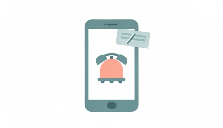 A minimalist illustration of a smartphone showing an alarm bell with a notification banner sliding off the top under a slash mark